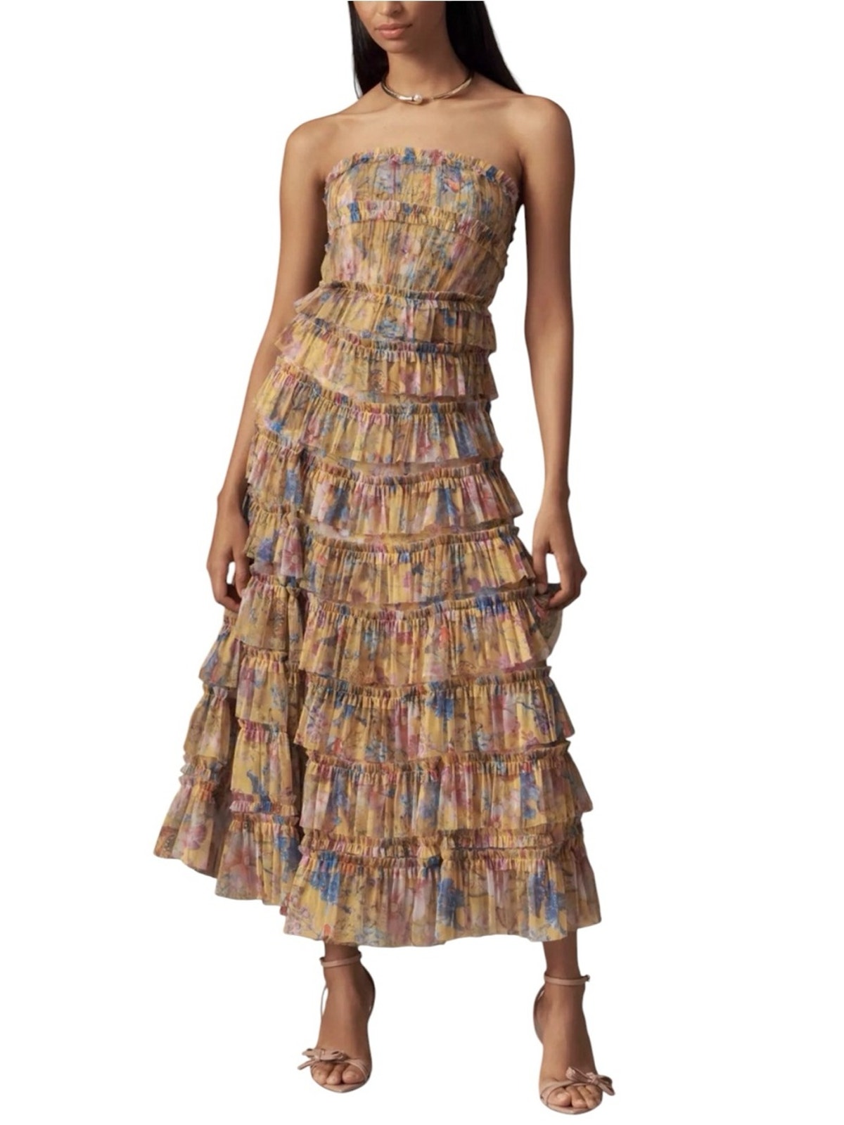 Nwt Mac Duggal Strapless Tiered Ruffled Mesh A-Line Midi Dress Yellow Sz 12
